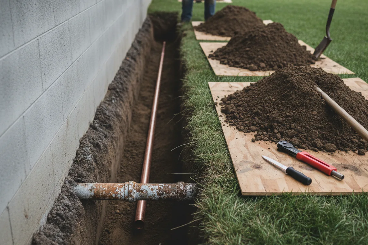 Excavated water line trench during Sewer Line Repair in Pinson